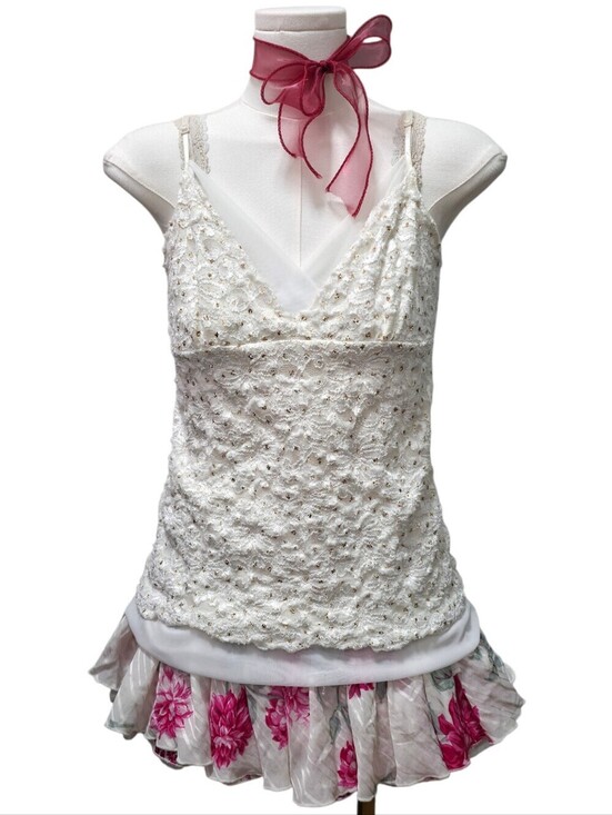 Kiwi Tops - Kiwi adorable white cream lace glitter top camisole